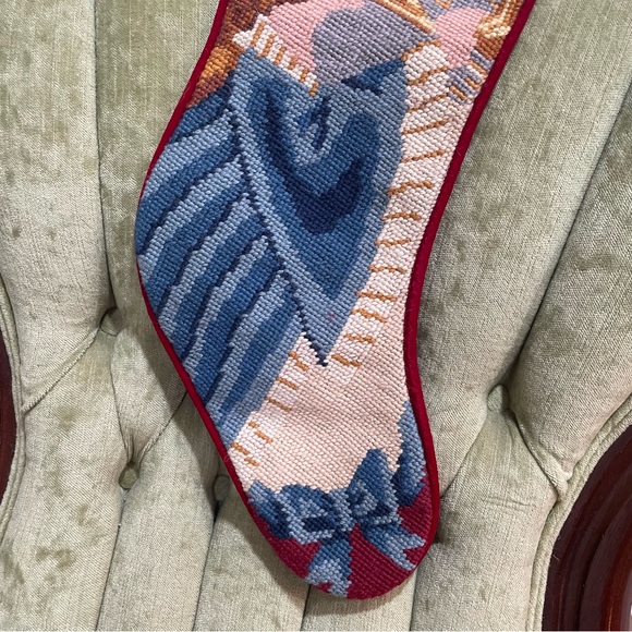 Needlepoint Angel Christmas Stocking Bow Cottage Grandma Handmade Needlework - Picture 5 of 6